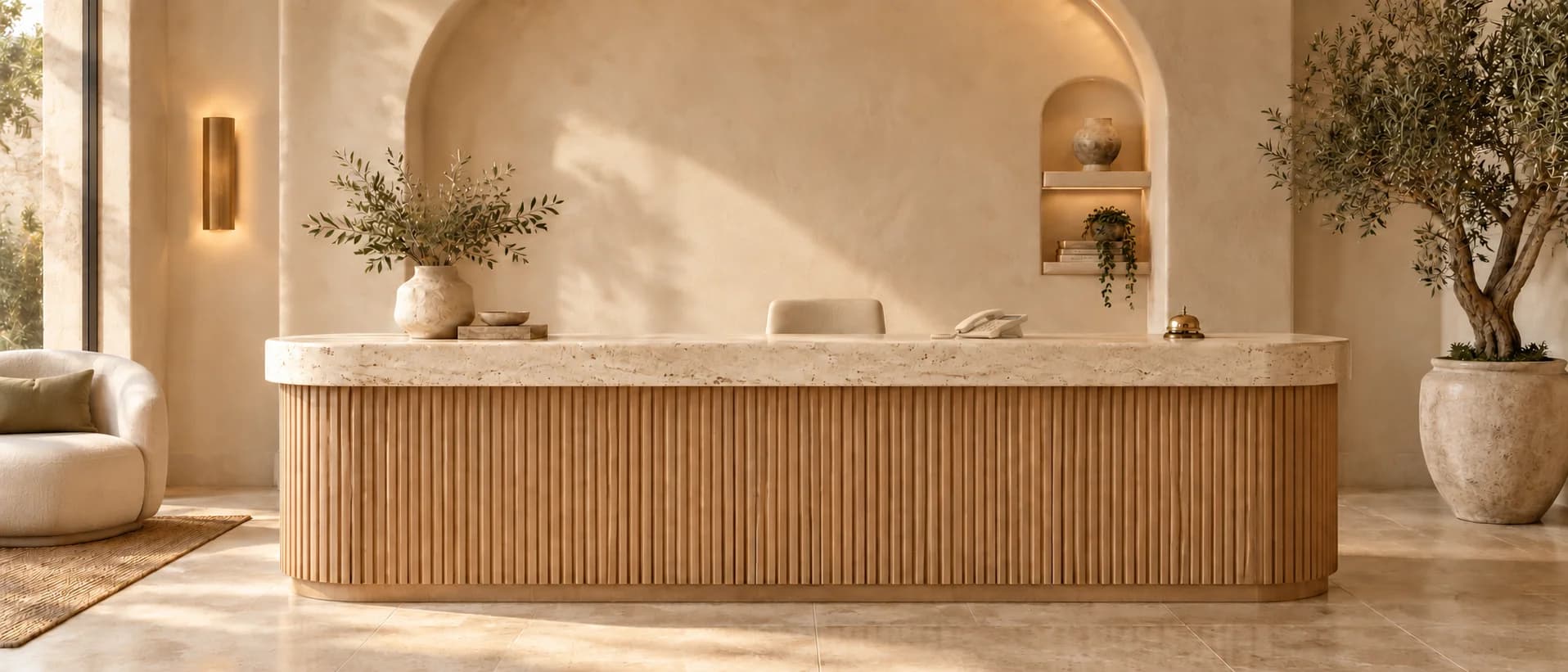 A sunlit oak and stone reception desk with an ivory telephone, a service bell and olive branches